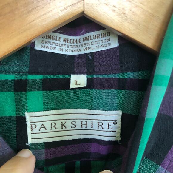 VTG 70s Parkshire Plaid Button Down Dress Shirt L Green Purple Korea Retro Prep - Picture 4 of 6